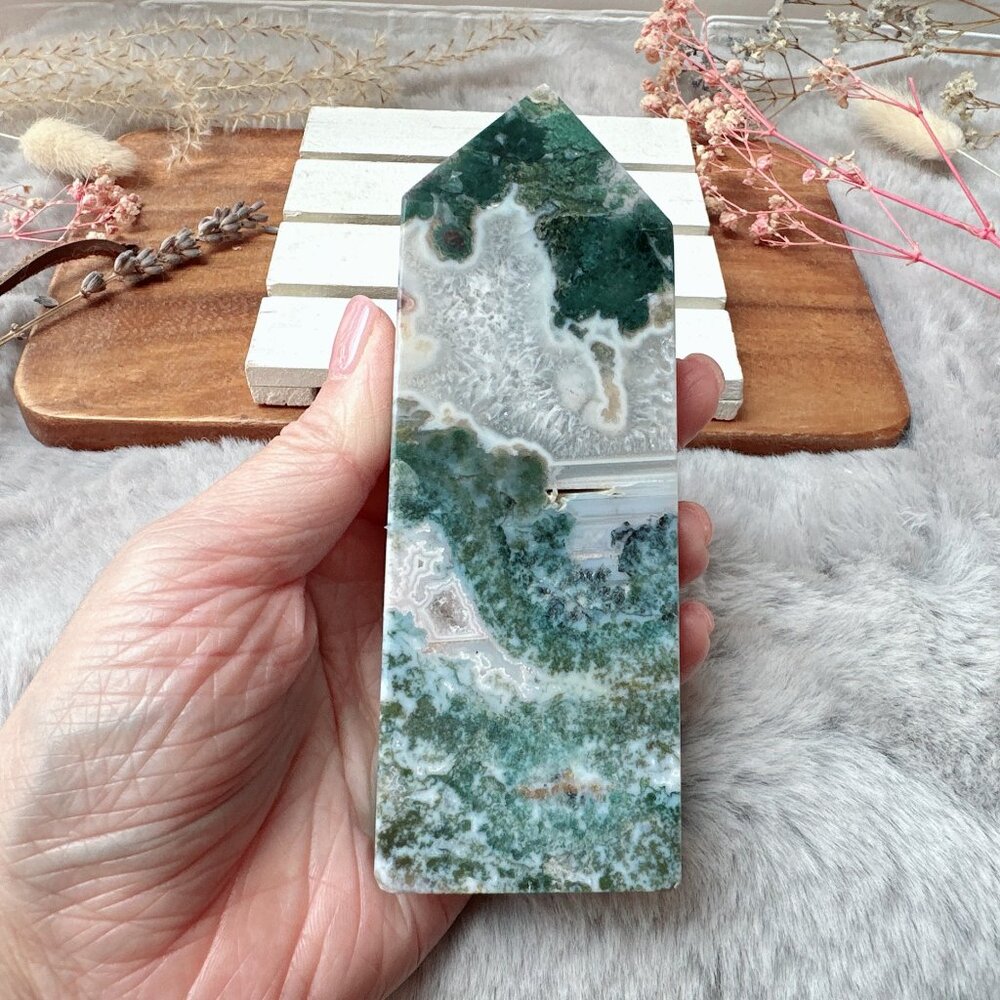 Beautiful Moss Agate Tower Obelisk
